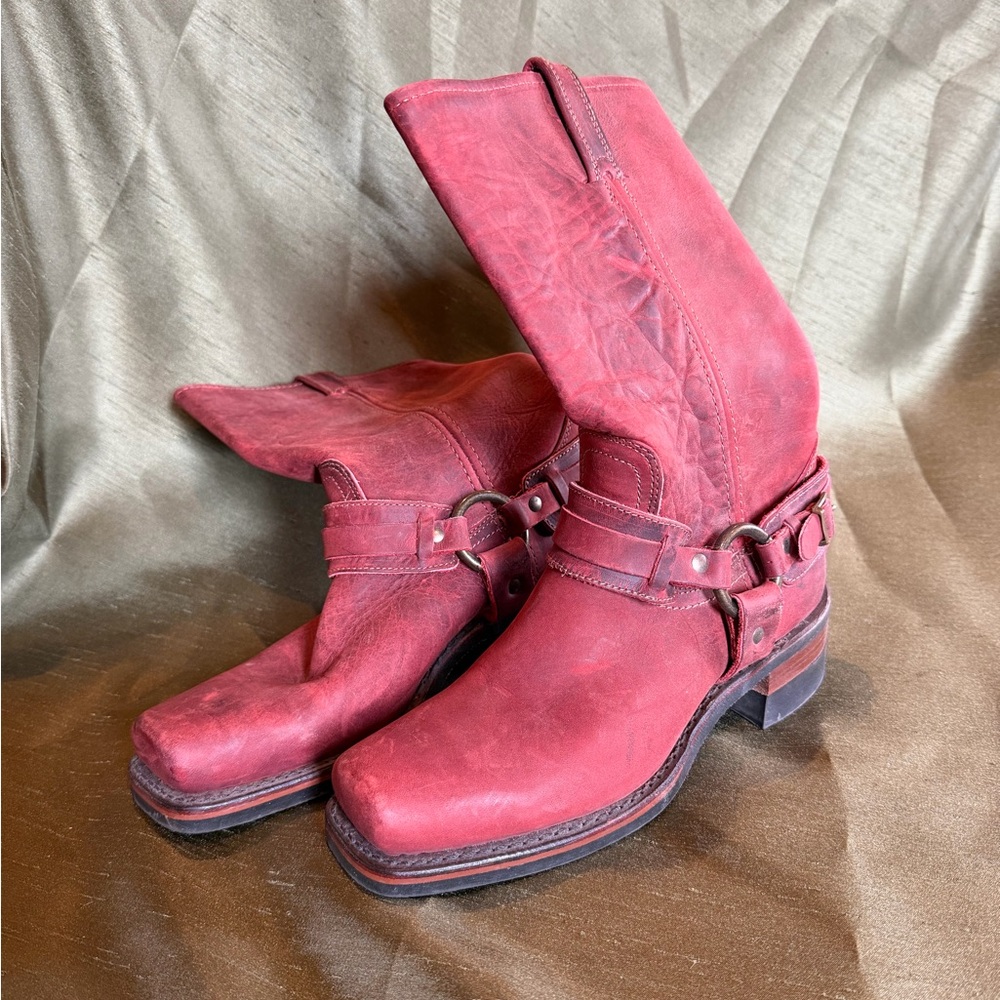 Frye Red Leather Harness Cowboy Boots